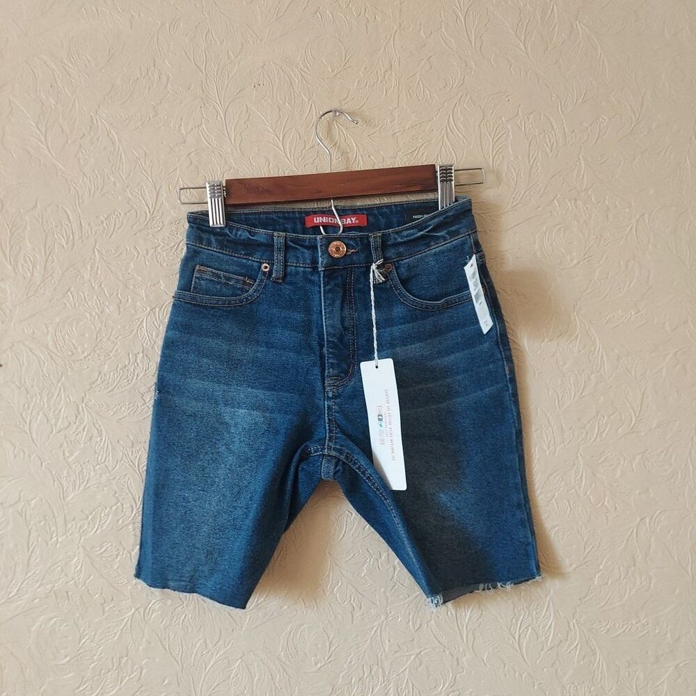 Unionbay High Rise Denim Raw Hem Cutoff Biker Shorts NEW Sz 0